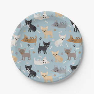 Chihuahua Bones and Paws Blue Paper Plate