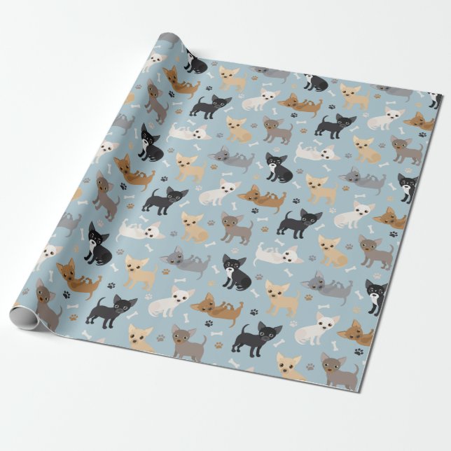 Chihuahua Bones and Paws Blue Wrapping Paper (Unrolled)