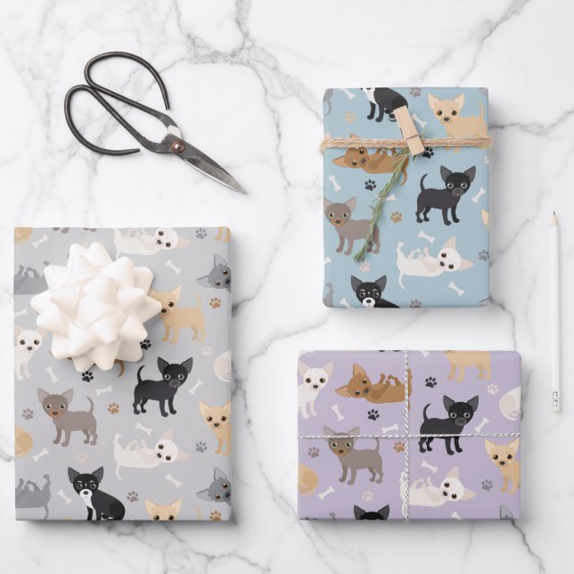 Chihuahua Bones and Paws Grey Blue Purple Wrapping Paper Sheet (Front)
