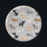 Chihuahua Bones and Paws Grey Paper Plate<br><div class="desc">Cute chihuahua dogs in black,  brown,  tan,  cream,  grey and blue coats sit and stand scattered dog bones and paw prints on a light grey background.</div>