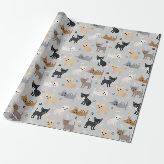 Chihuahua Bones and Paws Grey Wrapping Paper (Unrolled)