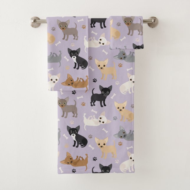 Chihuahua Bones and Paws Purple Bath Towel Set (Insitu)