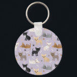 Chihuahua Bones and Paws Purple Key Ring<br><div class="desc">Cute chihuahua dogs in black,  brown,  tan,  cream,  grey and blue coats sit and stand scattered dog bones and paw prints on a light purple background.</div>