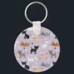 Chihuahua Bones and Paws Purple Key Ring<br><div class="desc">Cute chihuahua dogs in black,  brown,  tan,  cream,  grey and blue coats sit and stand scattered dog bones and paw prints on a light purple background.</div>