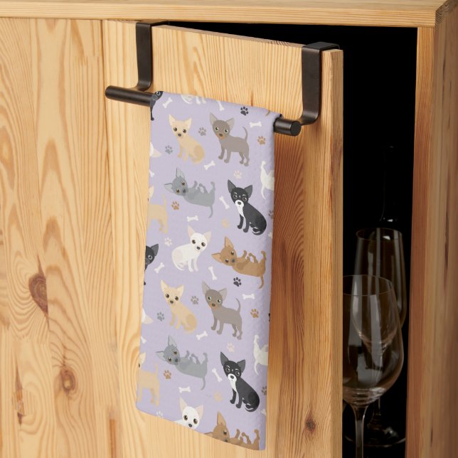 Chihuahua Bones and Paws Purple Tea Towel (Thirds Fold)