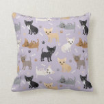Chihuahua Bones and Paws Purple Throw Pillow<br><div class="desc">Cute chihuahua dogs in black,  brown,  tan,  cream,  grey and blue coats sit and stand scattered dog bones and paw prints on a light purple background.</div>