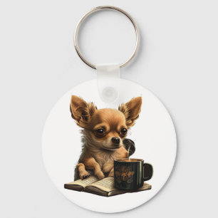 Chihuahua Book Coffee Tea Reading Key Ring