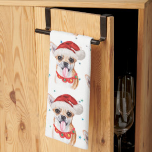 Chihuahua Breed Watercolor Dog Pattern Christmas Tea Towel