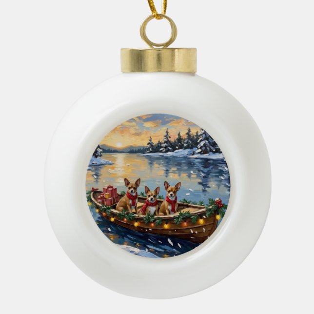 Chihuahua Christmas Boat Holiday Ceramic Ball Christmas Ornament (Front)