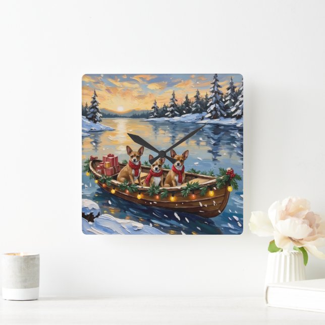Chihuahua Christmas Boat Holiday Square Wall Clock (Home)