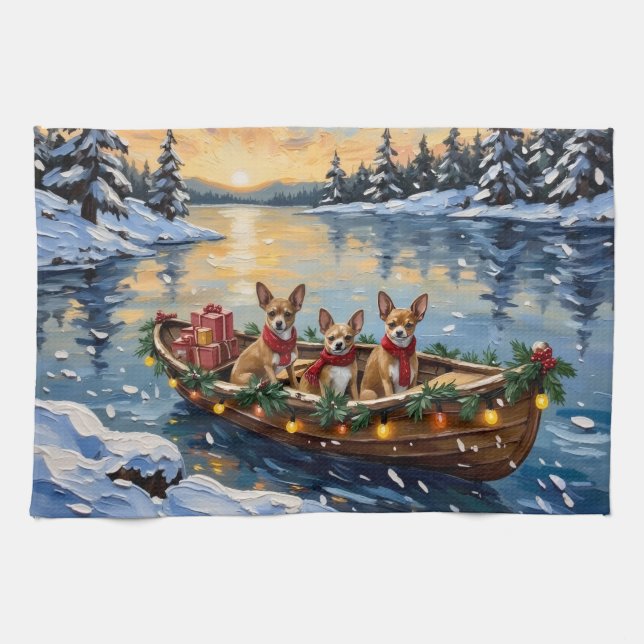 Chihuahua Christmas Boat Holiday Tea Towel (Horizontal)
