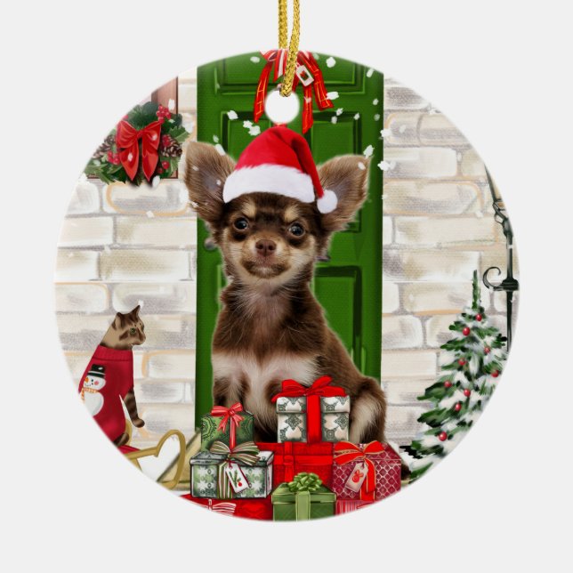 Chihuahua Christmas Ceramic Tree Decoration (Front)