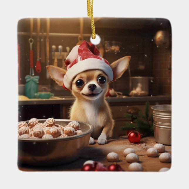 Chihuahua Christmas Cookies Festive Holiday Ceramic Ornament (Front)