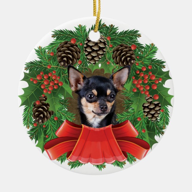 Chihuahua Christmas Holiday Wreath Ceramic Tree Decoration (Front)