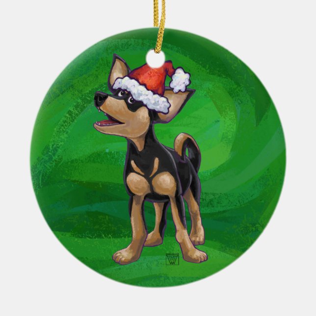 Chihuahua Christmas On Green Ceramic Tree Decoration (Front)