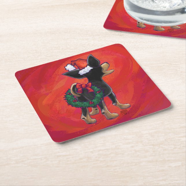 Chihuahua Christmas On Red Square Paper Coaster (Angled)