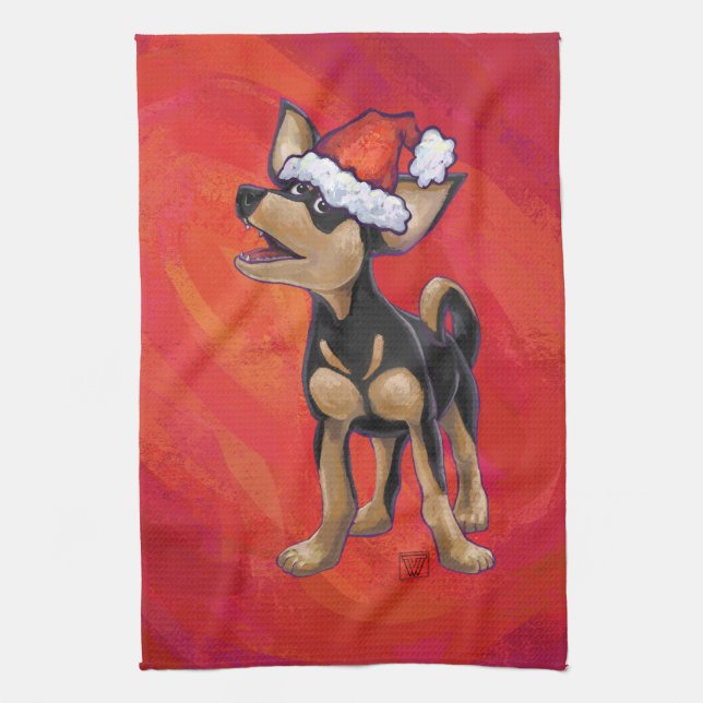 Chihuahua Christmas On Red Tea Towel (Vertical)