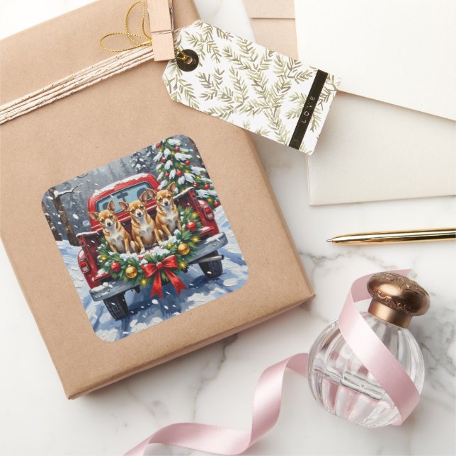 Chihuahua Christmas Red Truck Holiday Square Sticker (Gifting)
