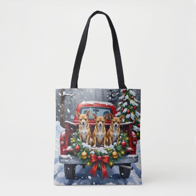 Chihuahua Christmas Red Truck Holiday Tote Bag (Front)