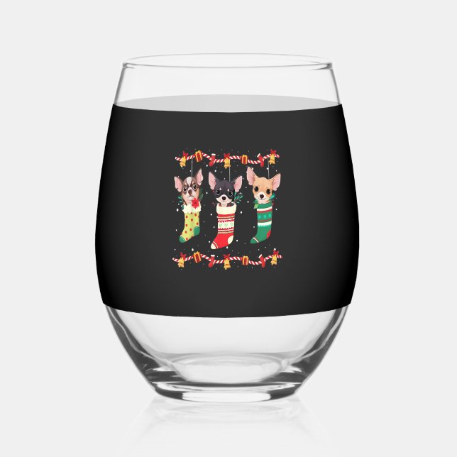 Chihuahua Christmas Socks Lights Funny Xmas Dog Lo Stemless Wine Glass (Front)