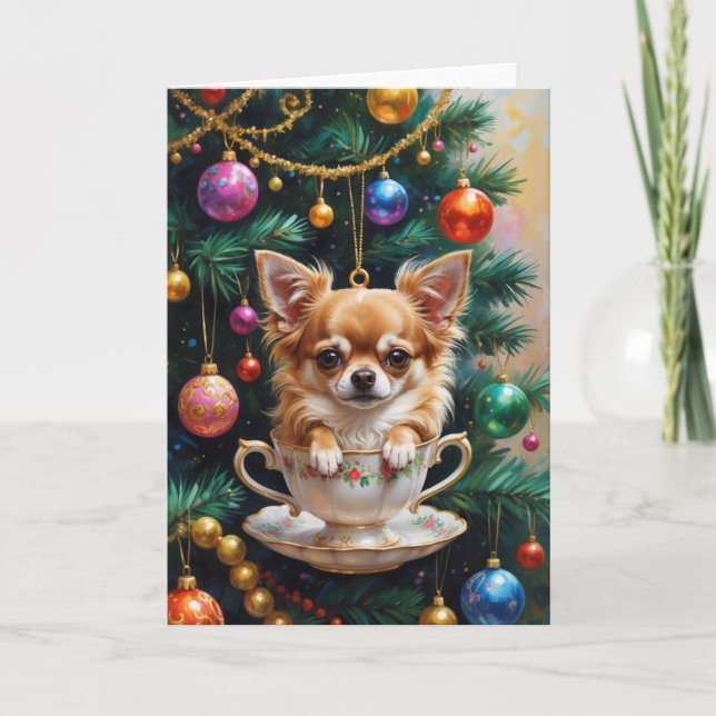 Chihuahua Christmas Teacup Ornament Art Card (Front)