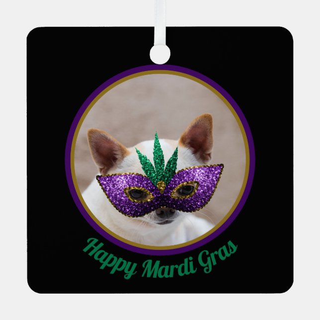 Chihuahua cute Happy Mardi Gras sparkly mask photo Metal Tree Decoration (Front)