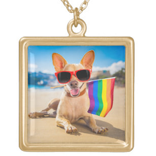 Chihuahua Dog  at the Beach Gold Plated Necklace