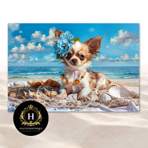 Chihuahua Dog Blue Floral Beach Shells Decoupage  Tissue Paper