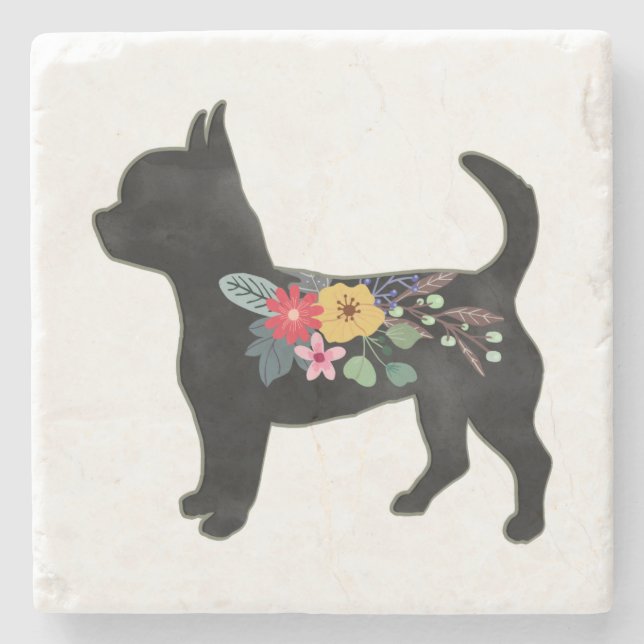 Chihuahua Dog Breed Boho Floral Silhouette Stone C Stone Coaster (Front)