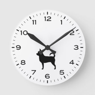 Chihuahua Dog Breed Silhouette Black and White Round Clock