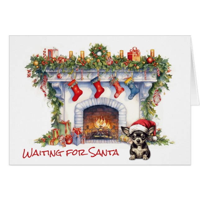 Chihuahua Dog Christmas Fireplace Wait for Santa (Front Horizontal)