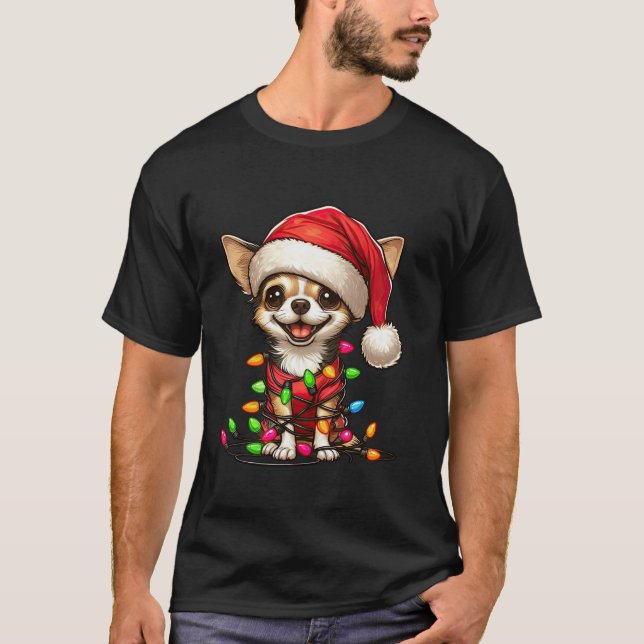 Chihuahua Dog Christmas Lights Santa Hat Boys Girl T-Shirt (Front)