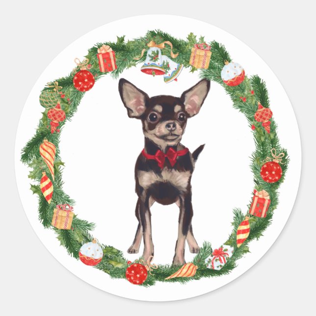 Chihuahua Dog Christmas Ornament Wreath Classic Round Sticker (Front)