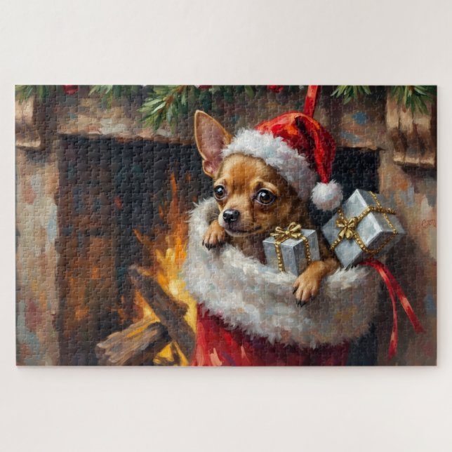 Chihuahua Dog Christmas Stocking Surprise Art Jigsaw Puzzle (Horizontal)