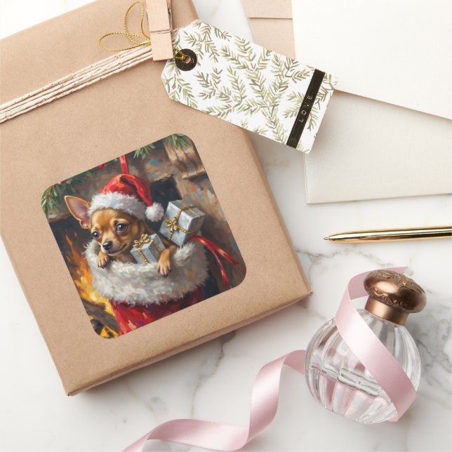 Chihuahua Dog Christmas Stocking Surprise Art Square Sticker (Gifting)