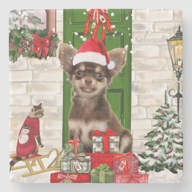 Chihuahua Dog Christmas  Stone Coaster (Front)