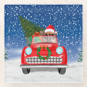 Chihuahua Dog Driving Car In Snow Christmas Glass Coaster