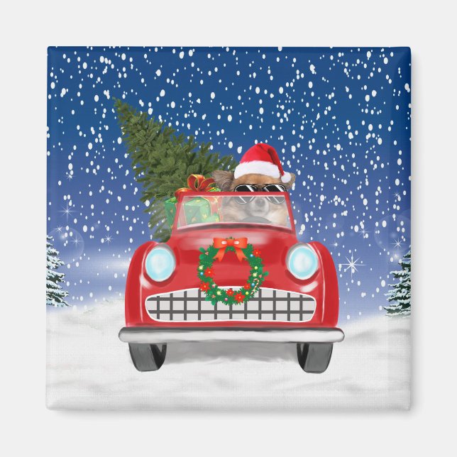  Chihuahua Dog Driving Car In Snow Christmas Magnet (Front)