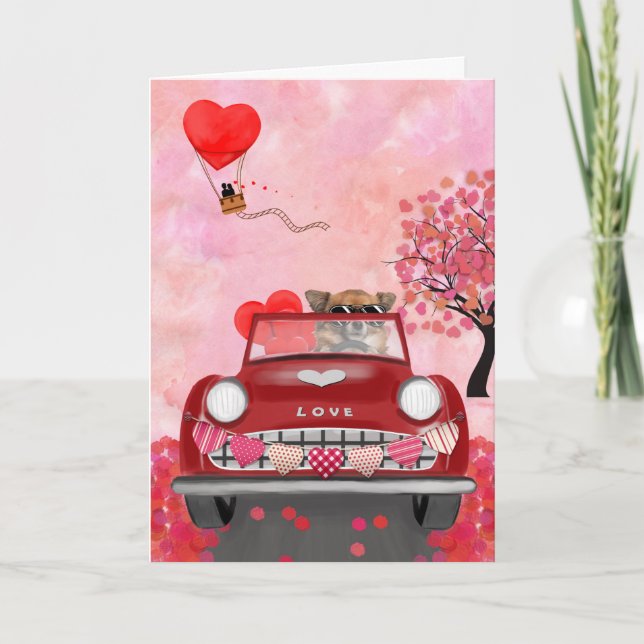 Chihuahua Dog Driving Car with Hearts Valentine's Card (Front)
