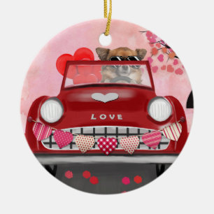 Chihuahua Dog Driving Car with Hearts Valentine's  Ceramic Tree Decoration