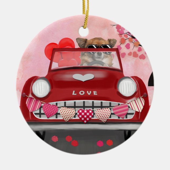 Chihuahua Dog Driving Car with Hearts Valentine's  Ceramic Tree Decoration (Front)