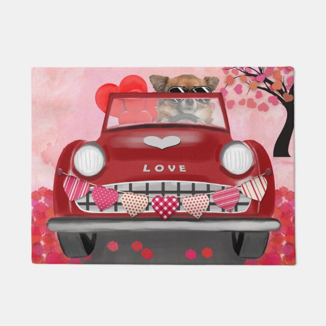 Chihuahua Dog Driving Car with Hearts Valentine's  Doormat (Front)