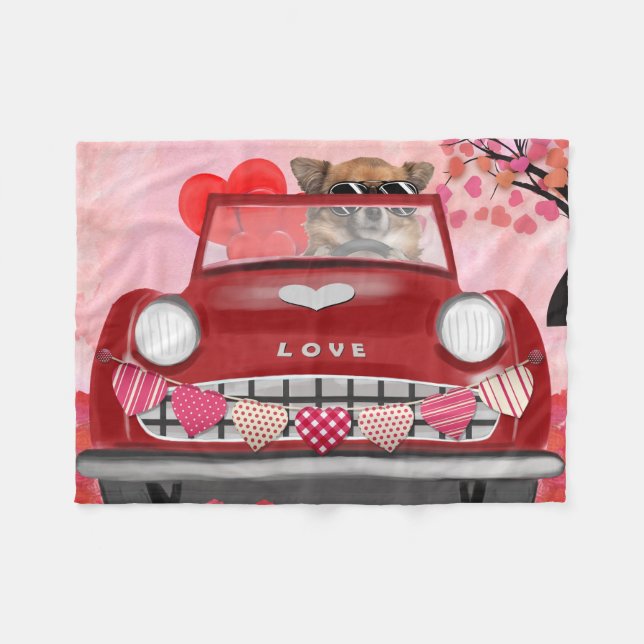 Chihuahua Dog Driving Car with Hearts Valentine's  Fleece Blanket (Front (Horizontal))