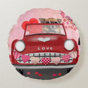 Chihuahua Dog Driving Car with Hearts Valentine's Round Cushion
