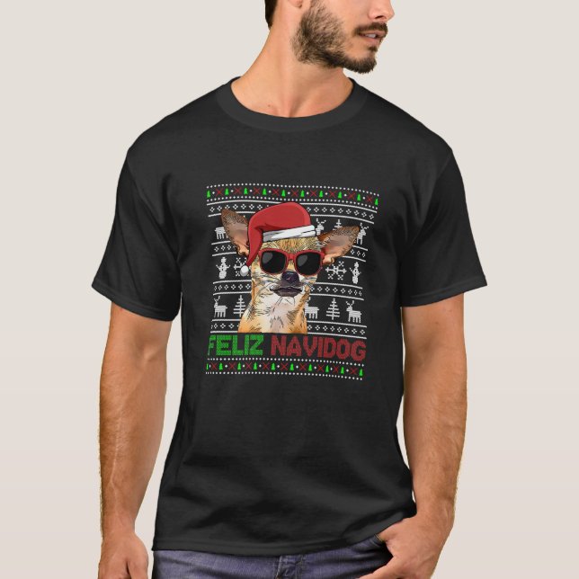 Chihuahua Dog Feliz Navidog Funny Christmas T-Shirt (Front)