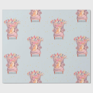 Chihuahua Dog Floral Pink  Blue Gold Spots Wrapping Paper