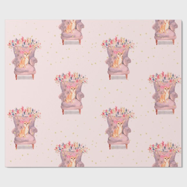 Chihuahua Dog Floral Pink Gold Spots Wrapping Paper (Flat)