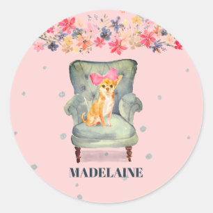 Chihuahua Dog Floral Pink Silver Classic Round Sticker