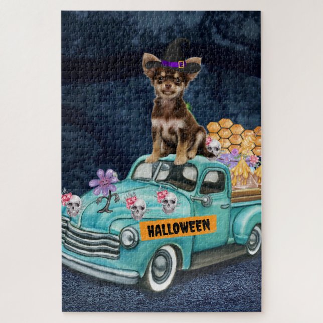 Chihuahua Dog Halloween Truck Scary Night Jigsaw Puzzle (Vertical)