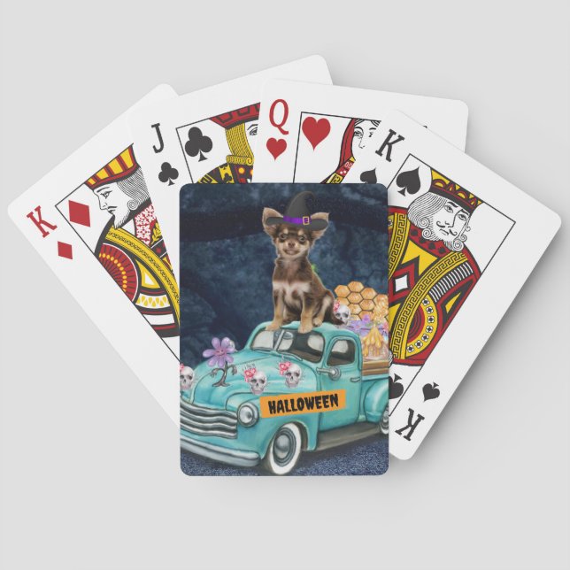Chihuahua Dog Halloween Truck Scary Night Playing Cards (Back)
